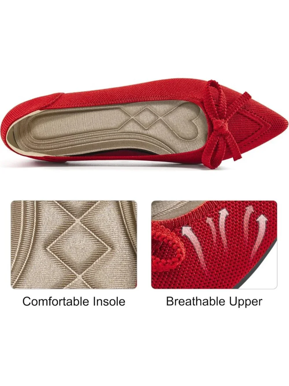 Women's Red Ballet Flats Shoes Dressy Pointed Toe Bow Knit Flats Comfortable
